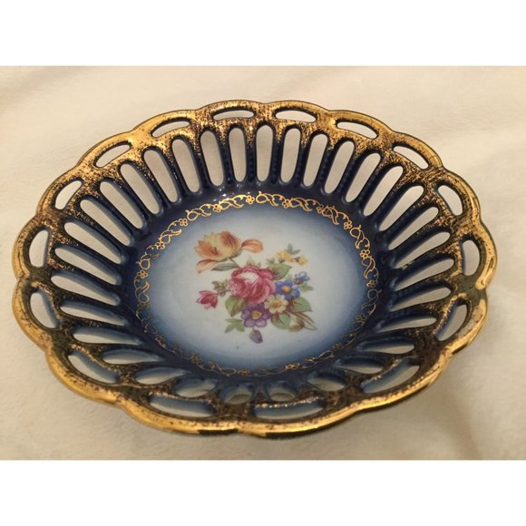 VINTAGE Real Cobalt Germany 10k gold Scalloped Lace Candy Dish - Picture 2 of 6